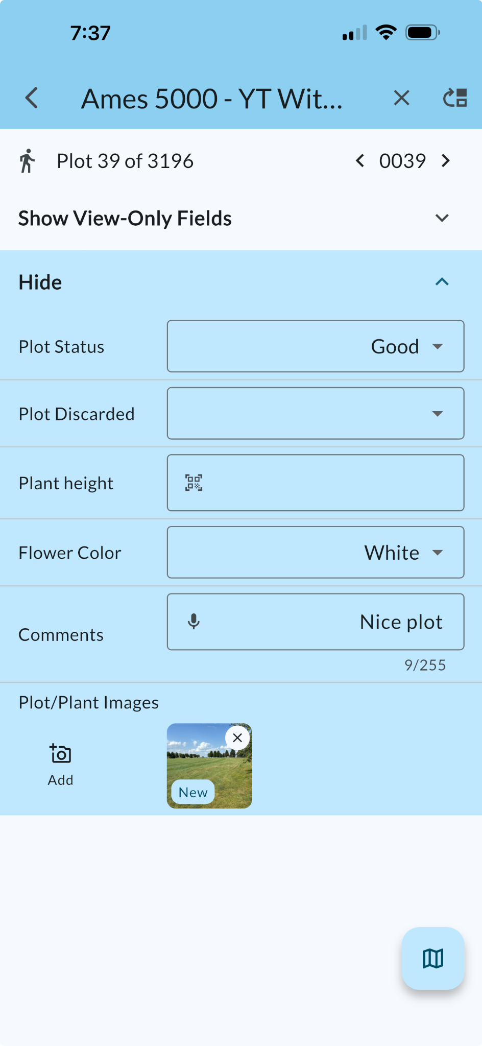 PRISM Fieldbook plot observation entry on a phone